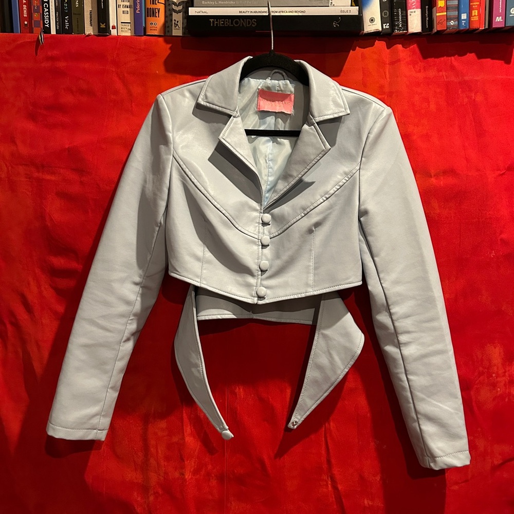 Baby Blue Cropped Faux Leather Jacket